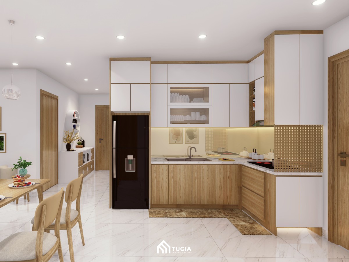 Thiết kế bếp cho chung cư hiện đại với hình chữ L có thể tận dụng được góc tường hiệu quả