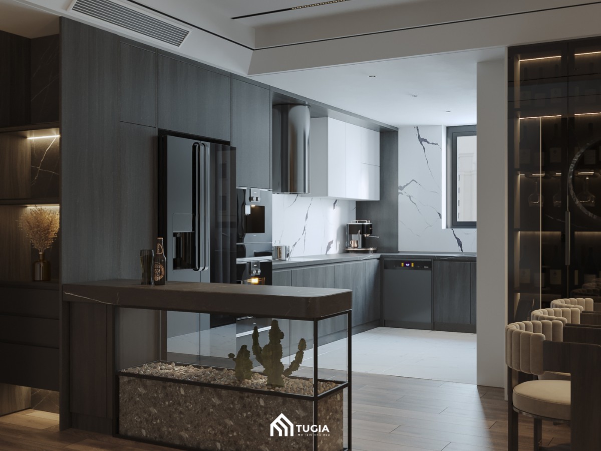 Nội thất Tứ Gia thiết kế tủ bếp hình chữ L nhỏ gọn sẽ tận dụng được góc chết, tránh lãng phí diện tích
