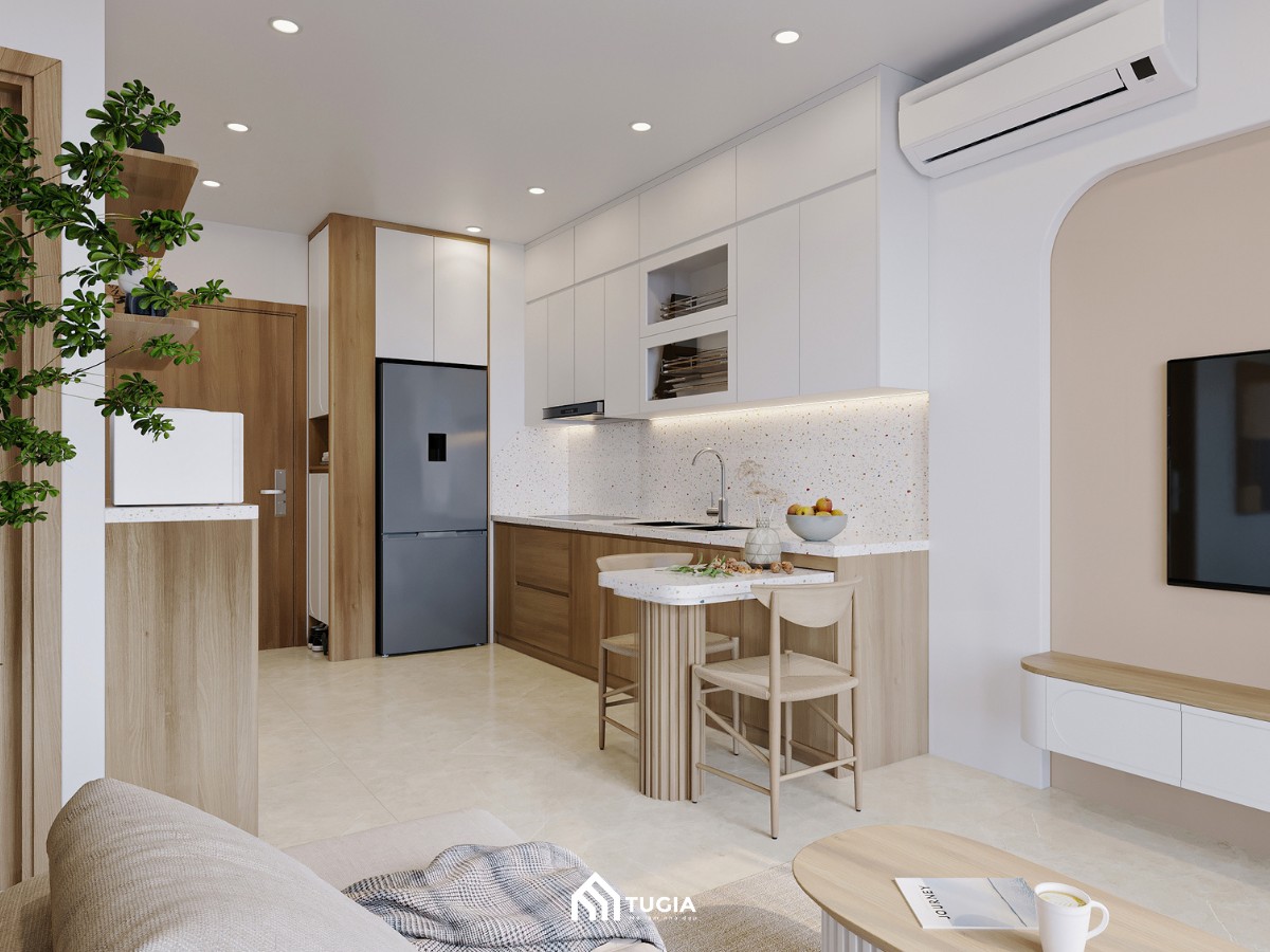 Mẫu thiết kế phòng khách liền bếp chung cư giúp không gian trở nên rộng rãi hơn, không bị bí bách hay khó chịu