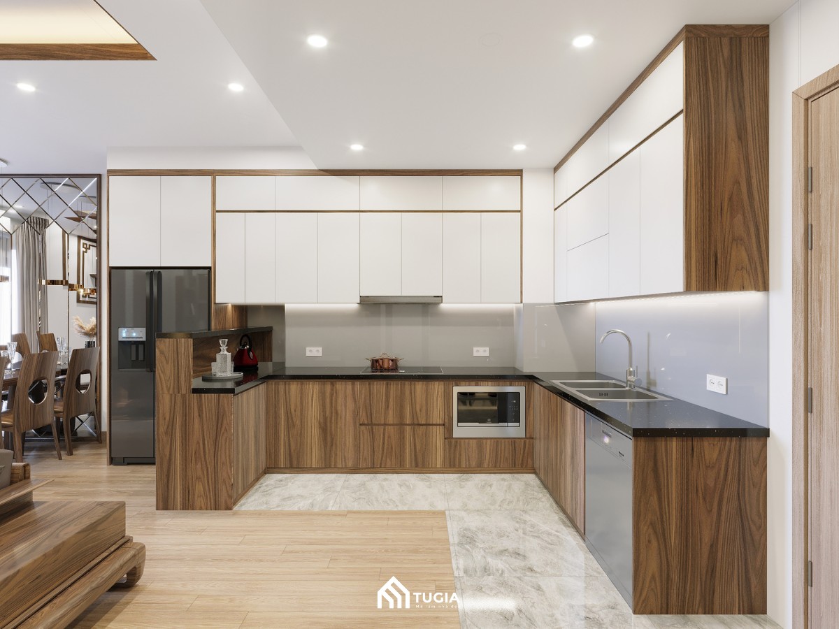 Mẫu thiết kế phòng bếp chung cư chữ U tiết kiệm diện tích cho căn hộ 2 phòng ngủ