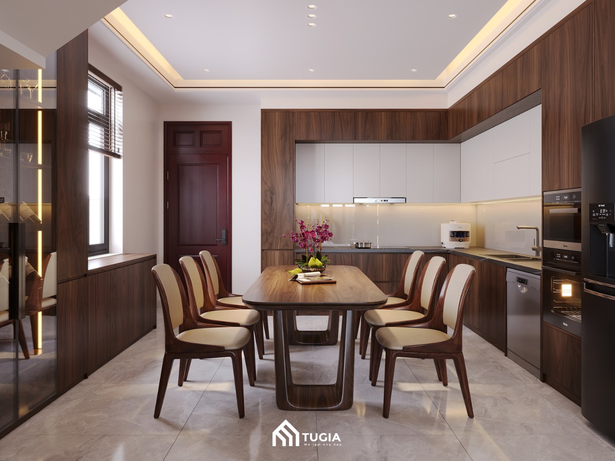 Với không gian phòng bếp nhà ống sẽ bố trí các đồ nội thất cơ bản như tủ bếp trên, tủ bếp dưới, bàn đảo để giúp không gian trở nên ngắn nắp hơn