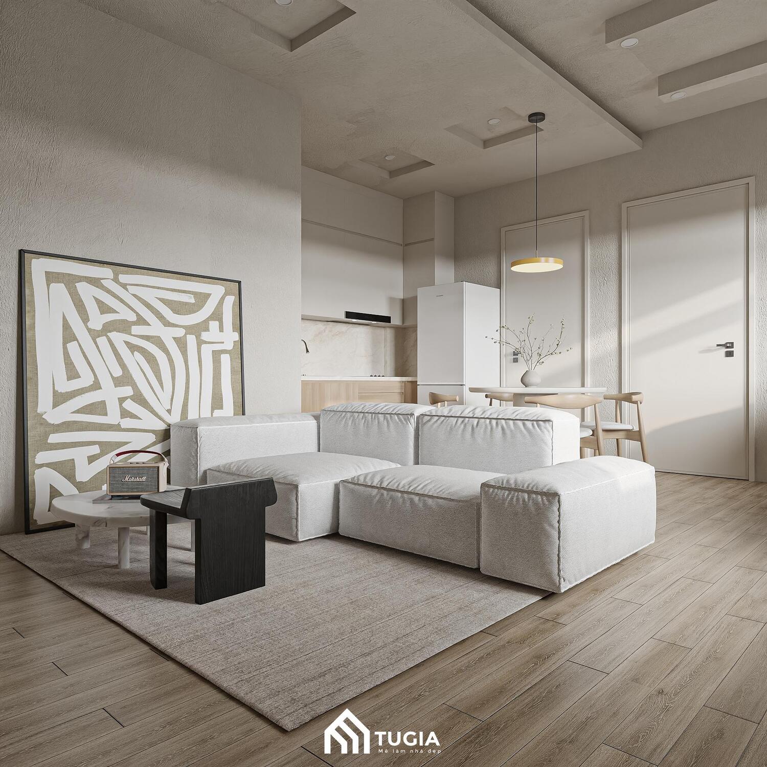 Bộ sofa dáng thấp, form vuông vắn với gam màu sáng giúp căn phòng trông nhẹ nhàng và không bị nặng nề