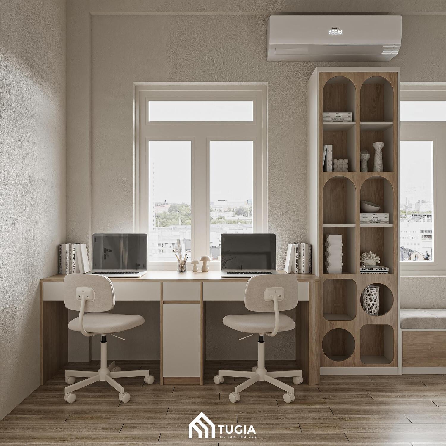 Góc học tập nhỏ gọn cho 2 con được bố trí ngay tại không gian chính của căn nhà