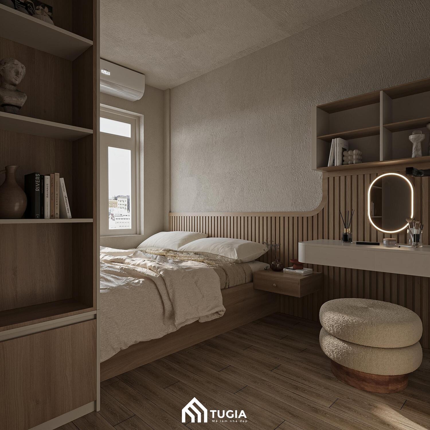 Phòng ngủ được thiết kế với gam màu nhẹ cùng ánh sáng dịu giúp không gian trở nên dễ chịu
