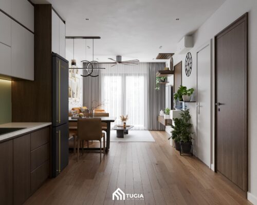 Tổng thể căn hộ nổi bật với nội thất bằng gỗ công nghiệp MDF tông màu trầm ấm