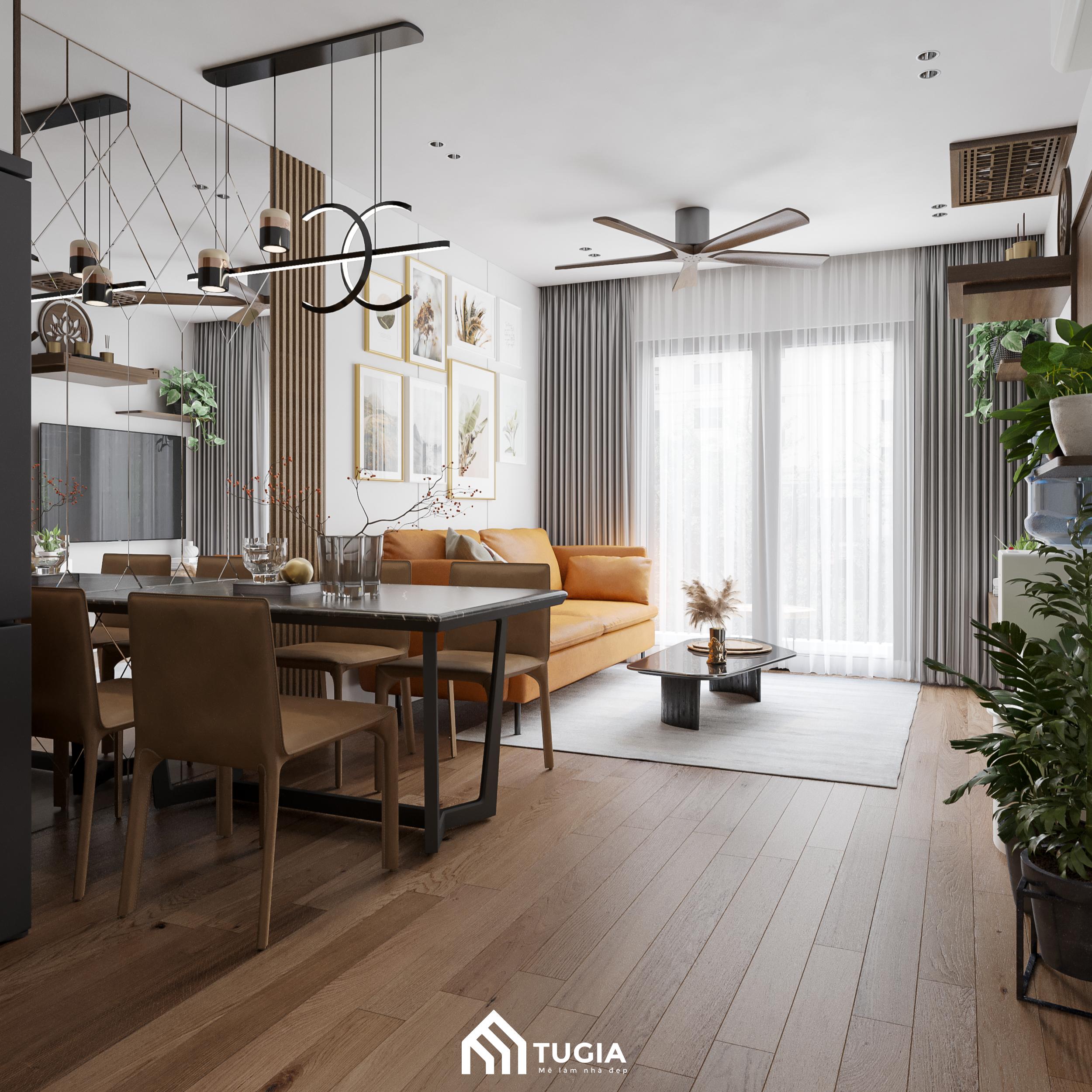 Phòng khách sáng sủa với hệ cửa ban công lớn giúp tận dụng tối đa ánh sáng tự nhiên