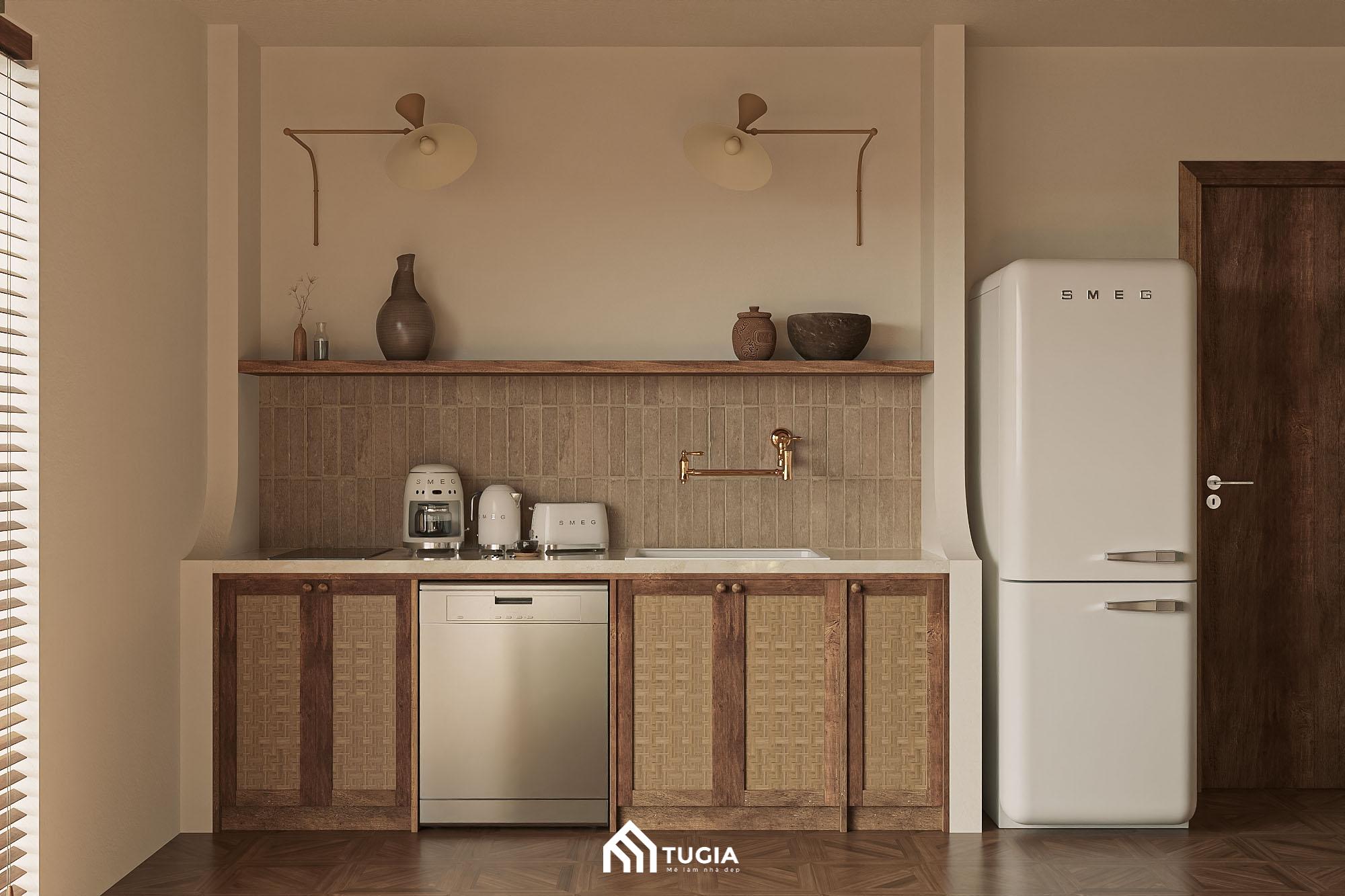 Thiết bị bếp được lựa chọn kỹ lưỡng, tích hợp âm tủ để giữ cho tổng thể luôn sạch sẽ, ngăn nắp