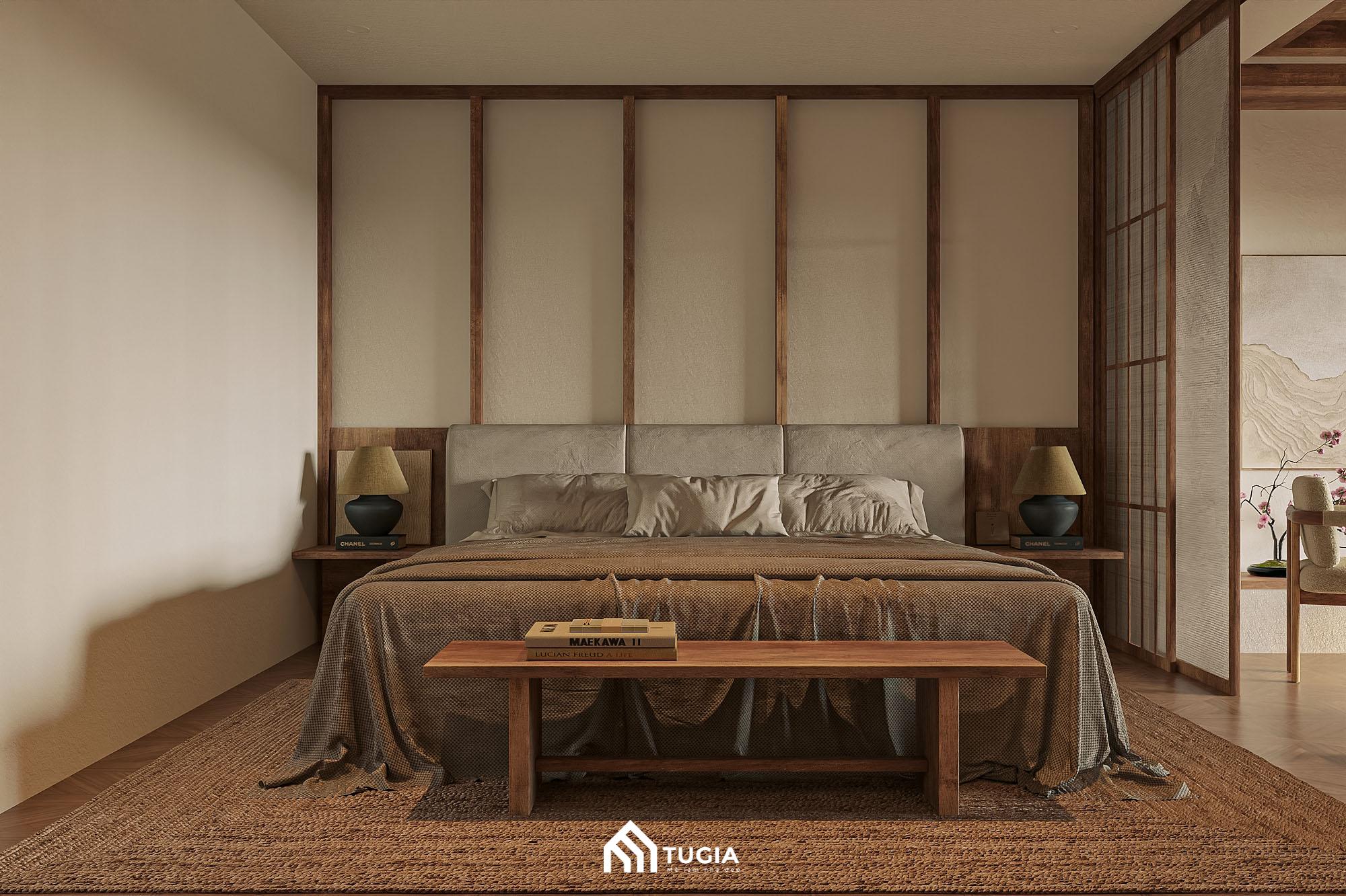 Phòng ngủ Wabi Sabi sử dụng các tông trầm ấm, kết hợp ánh sáng dịu để tạo nên một không gian thư giãn tuyệt đối