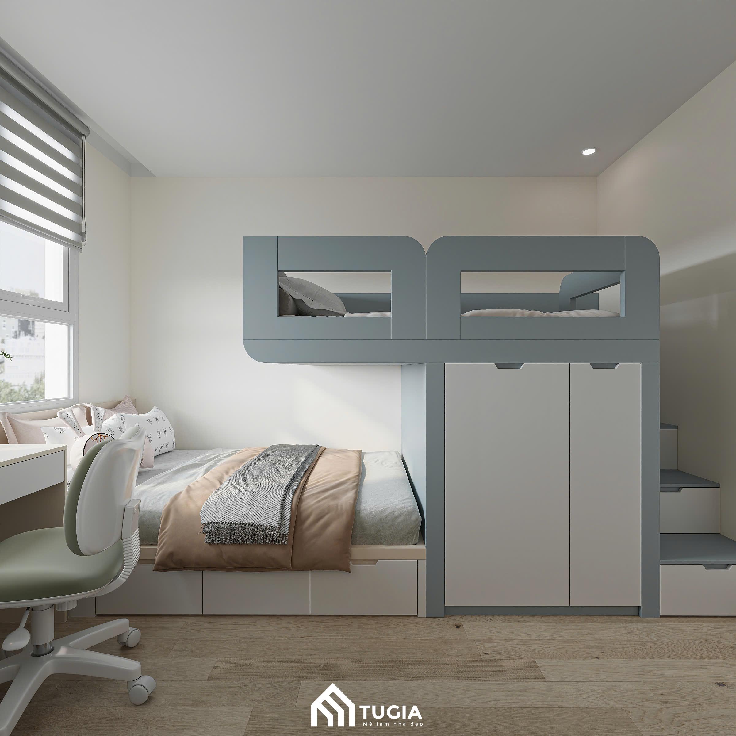 Phòng ngủ cho 2 bé được thiết kế với giường tầng thông minh với nhiều công năng sử dụng