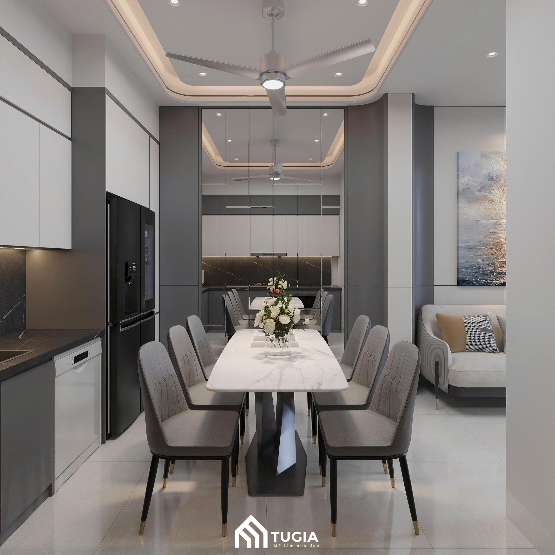 Vách tường trang trí gương phản chiếu giúp tạo chiều sâu và cảm giác rộng rãi cho không gian bếp - ăn