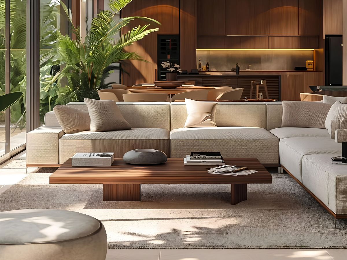 Thiết kế phòng khách Tropical sang trọng với sofa hiện đại và cây xanh