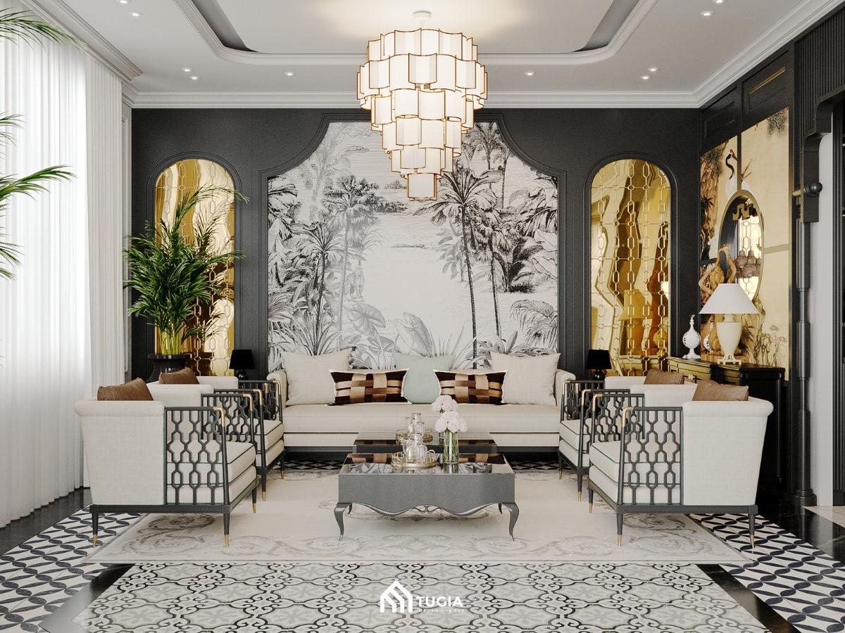 Mẫu phòng khách Indochine với diện tích 30m2 với tông màu trắng sáng do Nội thất Tứ Gia thiết kế
