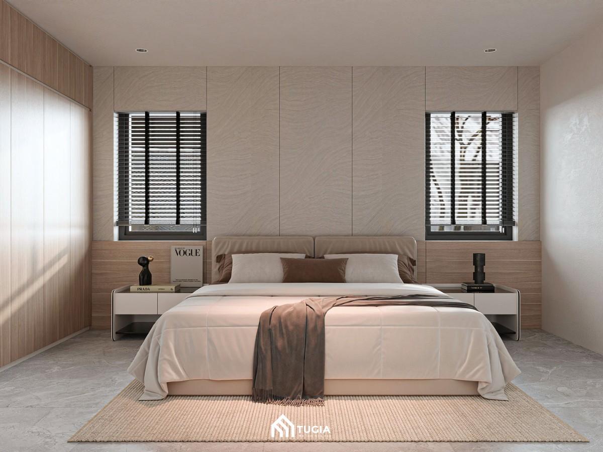 Phòng ngủ lớn rộng 30m2 đẹp, sáng sủa với thiết kế 2 cửa sổ lớn giúp tận dụng ánh sáng tự nhiên