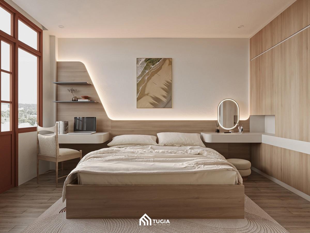 Mẫu phòng ngủ master 30m2 hiện đại cho nhà phố với chất liệu gỗ công nghiệp