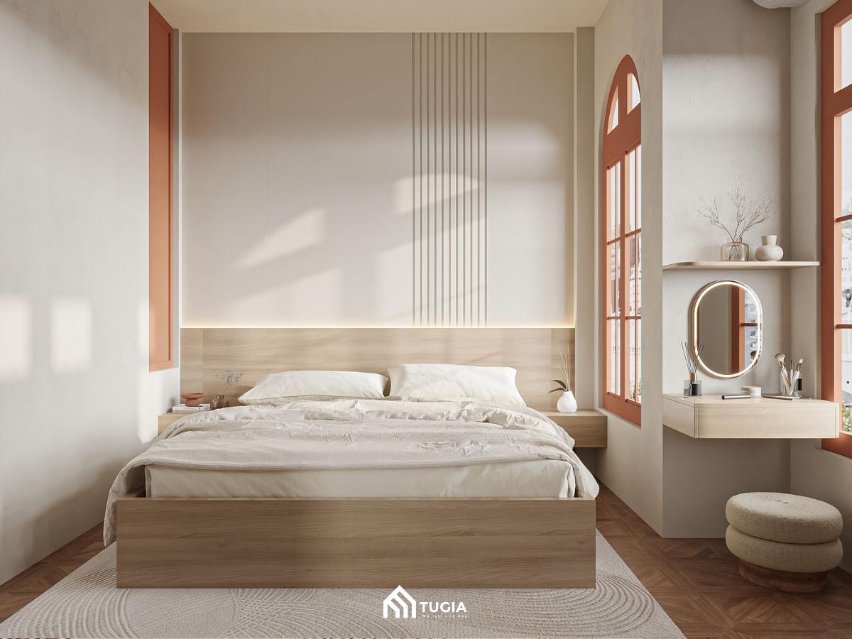 Đặt giường ngủ ở trung tâm căn phòng giúp tối ưu diện tích và giúp bạn dễ dàng sắp xếp nội thất