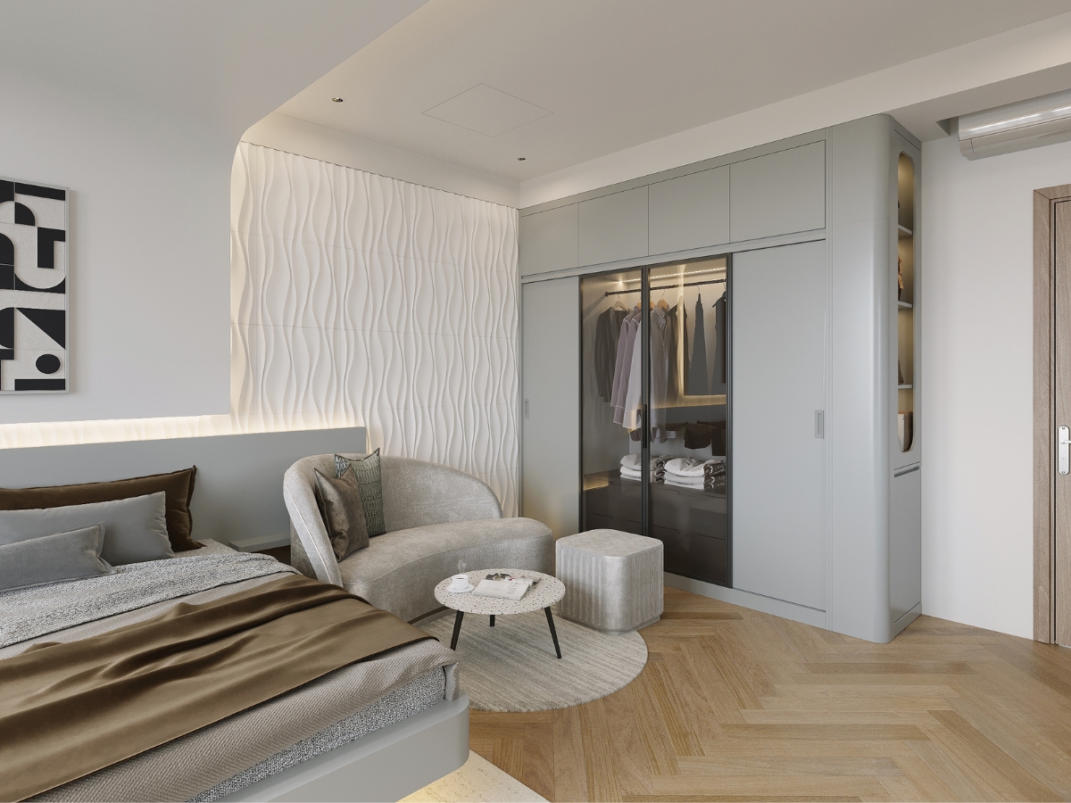 Bố trí góc thư giãn ngay trong phòng ngủ vợ chồng với bộ sofa nhỏ gọn