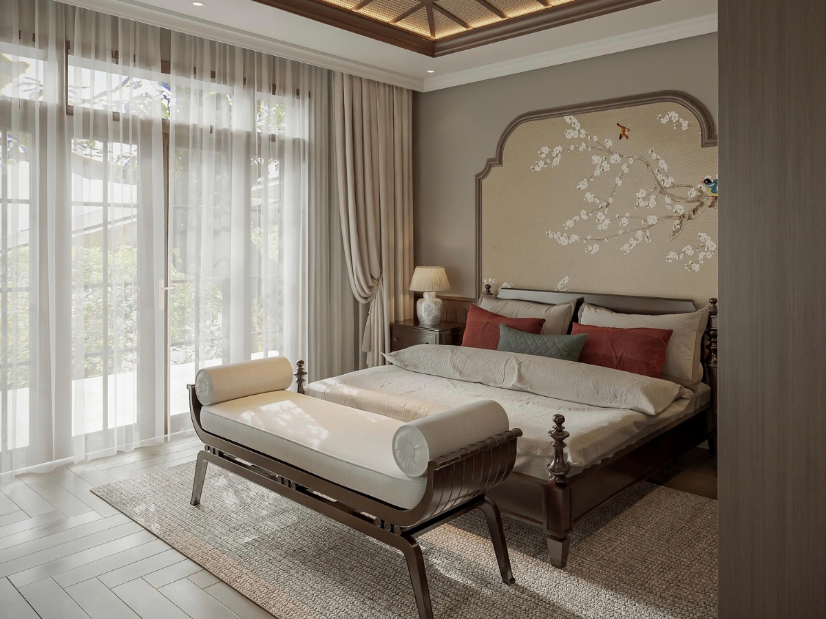 Căn phòng ngủ của 2 vợ chồng theo phong cách Á Đông với bảng màu sáng cũng ánh sáng tự nhiên dịu nhẹ