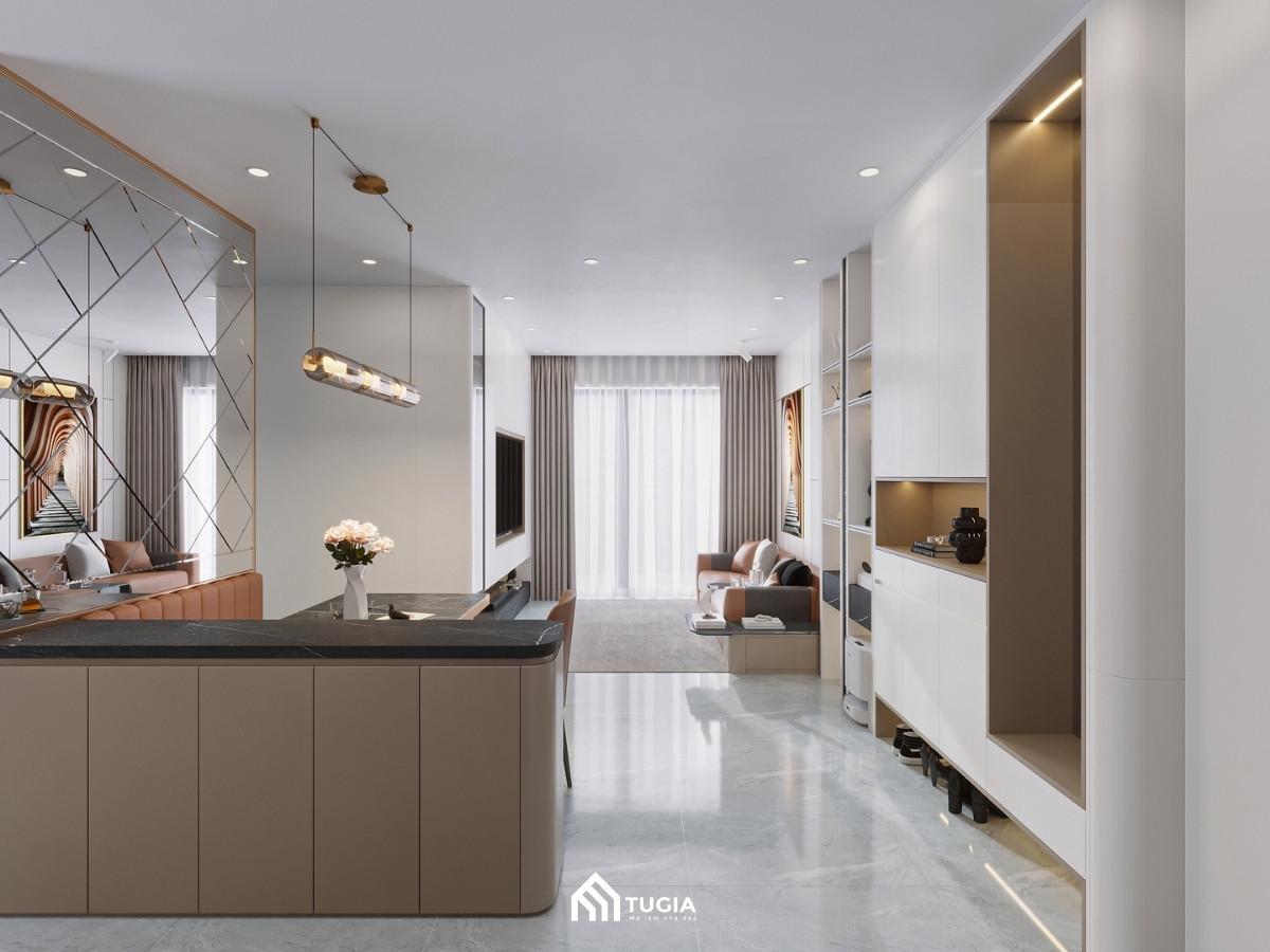 Mẫu thiết kế nội thất chung cư 85m2 hiện đại sử dụng tone màu sáng như trắng, ghi sẽ giúp không gian trở nên rộng rãi hơn