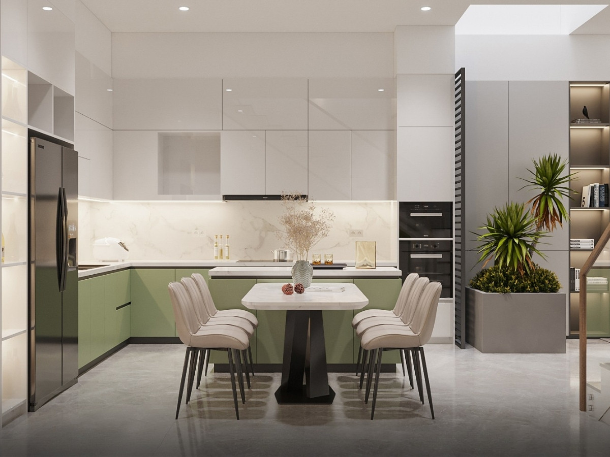 Mẫu thiết kế nội thất phòng bếp đẹp với bảng màu xanh - trắng pastel nhẹ nhàng 