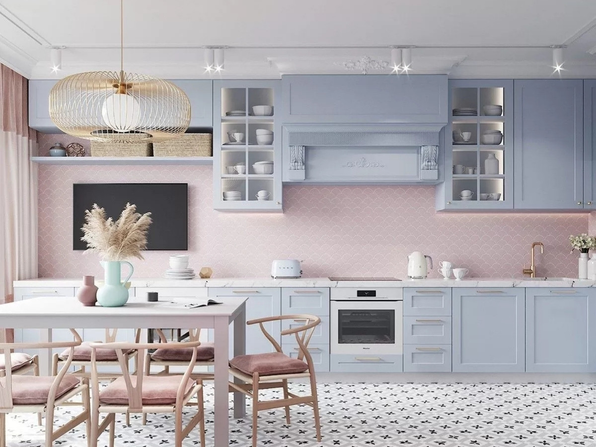 Phòng bếp đẹp với sự kết hợp giữa 2 tông màu pastel xanh - hồng