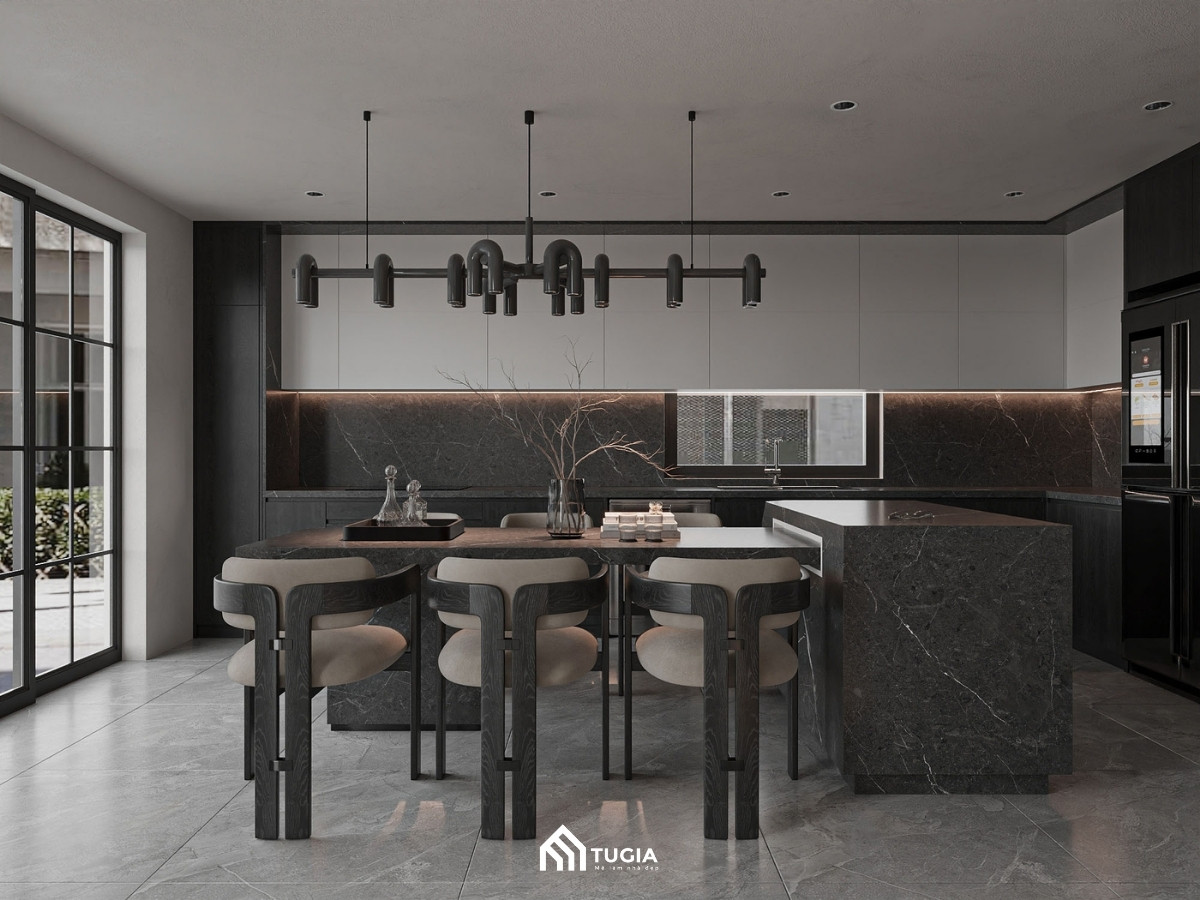 Không gian bếp đẹp sang trọng được thiết kế với quầy bar gắn liền bàn ghế ăn