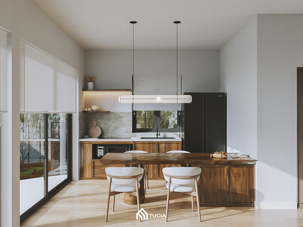 Mẫu thiết kế nội thất phòng bếp đẹp hiện đại với hệ bàn đảo kết hợp bàn ăn bằng gỗ tự nhiên