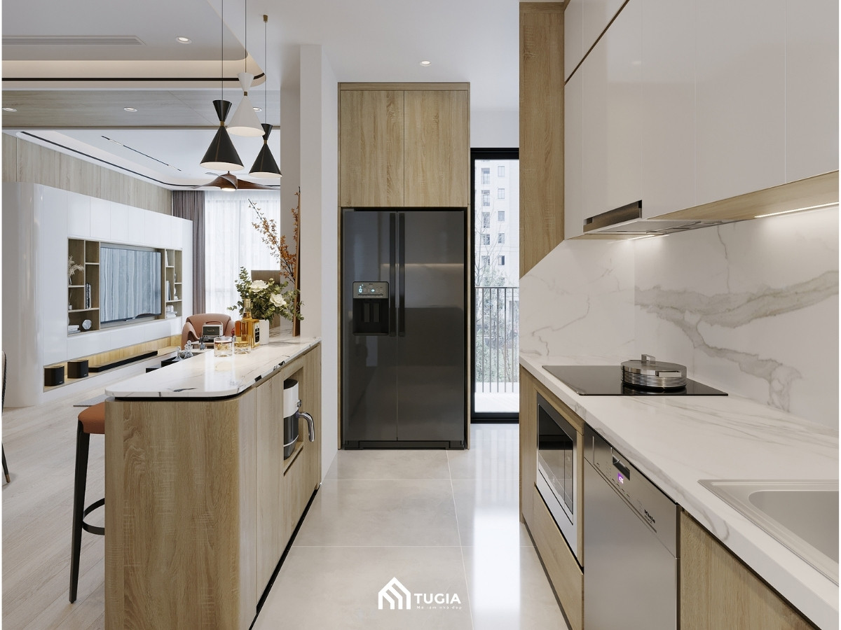 Mẫu thiết kế phòng bếp đẹp hiện đại với hệ tủ bếp cùng bàn đảo kết hợp làm quầy bar tiện lợi