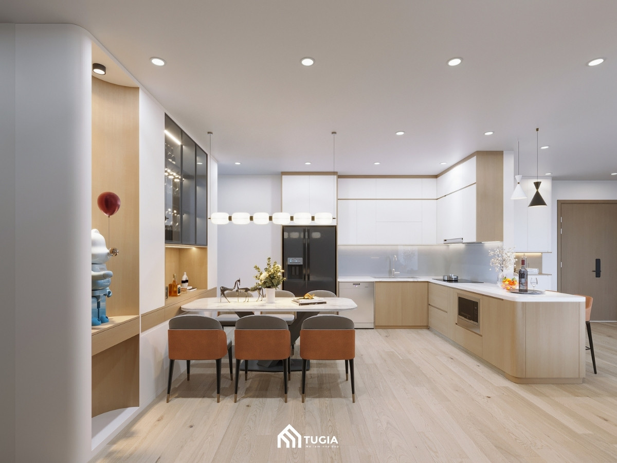 Khu vực quầy bar bếp có thể sử dụng để bày biện, nấu nướng hoặc tiếp khách linh hoạt