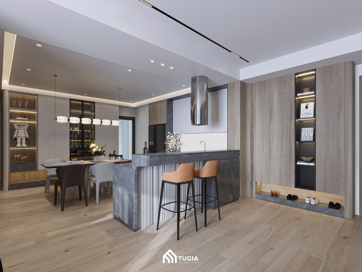 Thiết kế tủ bếp kết hợp quầy bar vừa sang trọng vừa tiện nghi