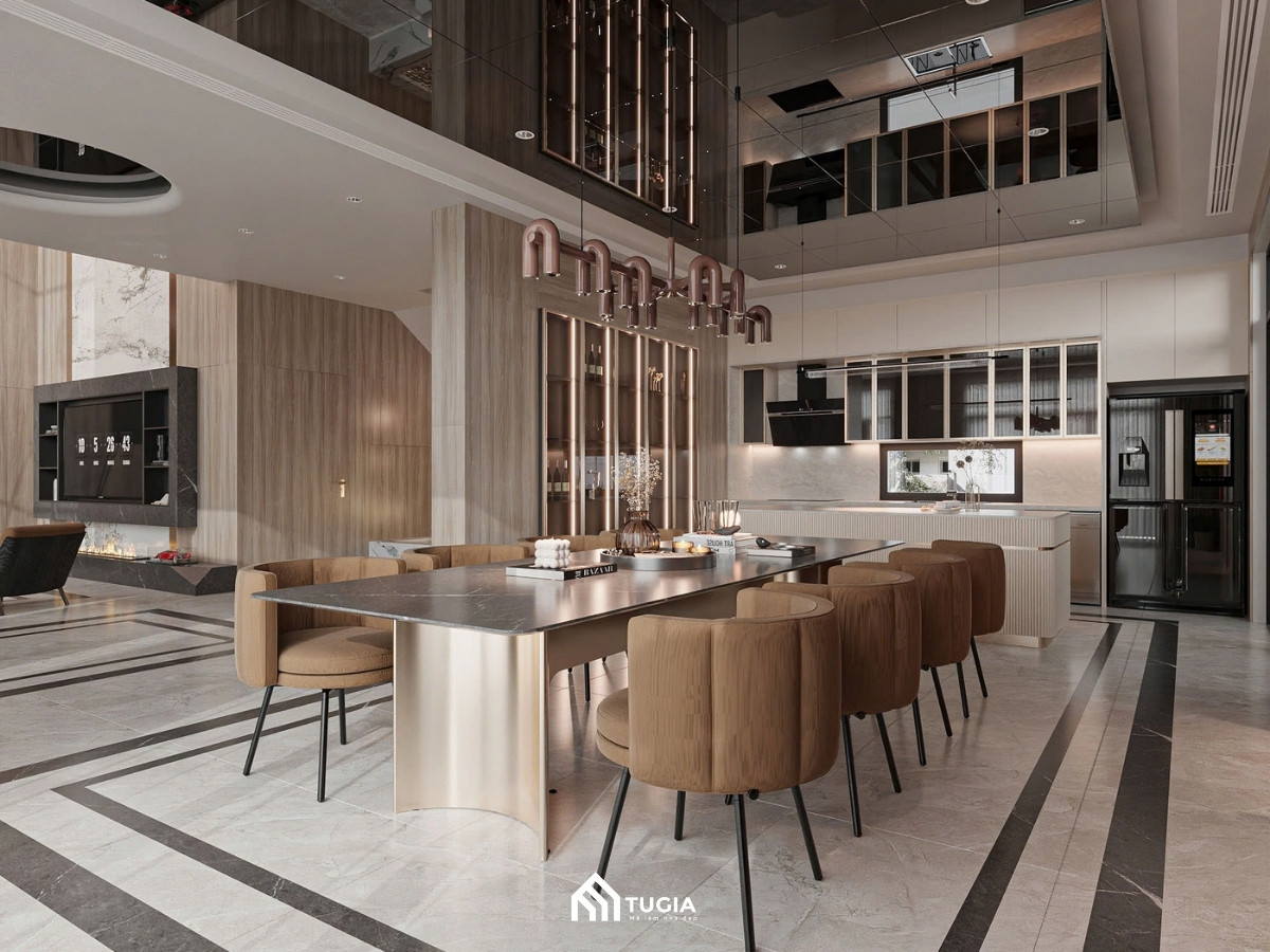 Phòng bếp phong cách Luxury nổi bật với chất liệu cao cấp và đường nét sang trọng