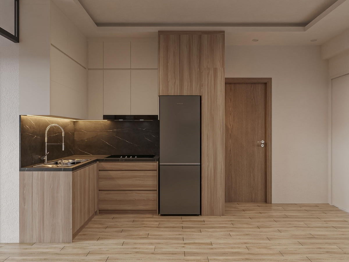 Thiết kế bếp hiện đại với hệ tủ bếp chữ L bằng gỗ công nghiệp kịch trần