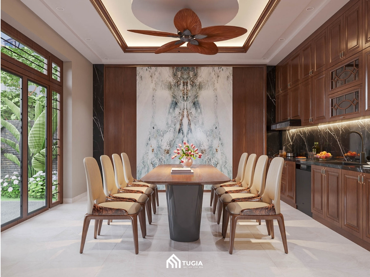 Mẫu thiết kế phòng bếp đẹp cho căn nhà phố với hệ tủ bếp gỗ tự nhiên thiết kế kịch trần