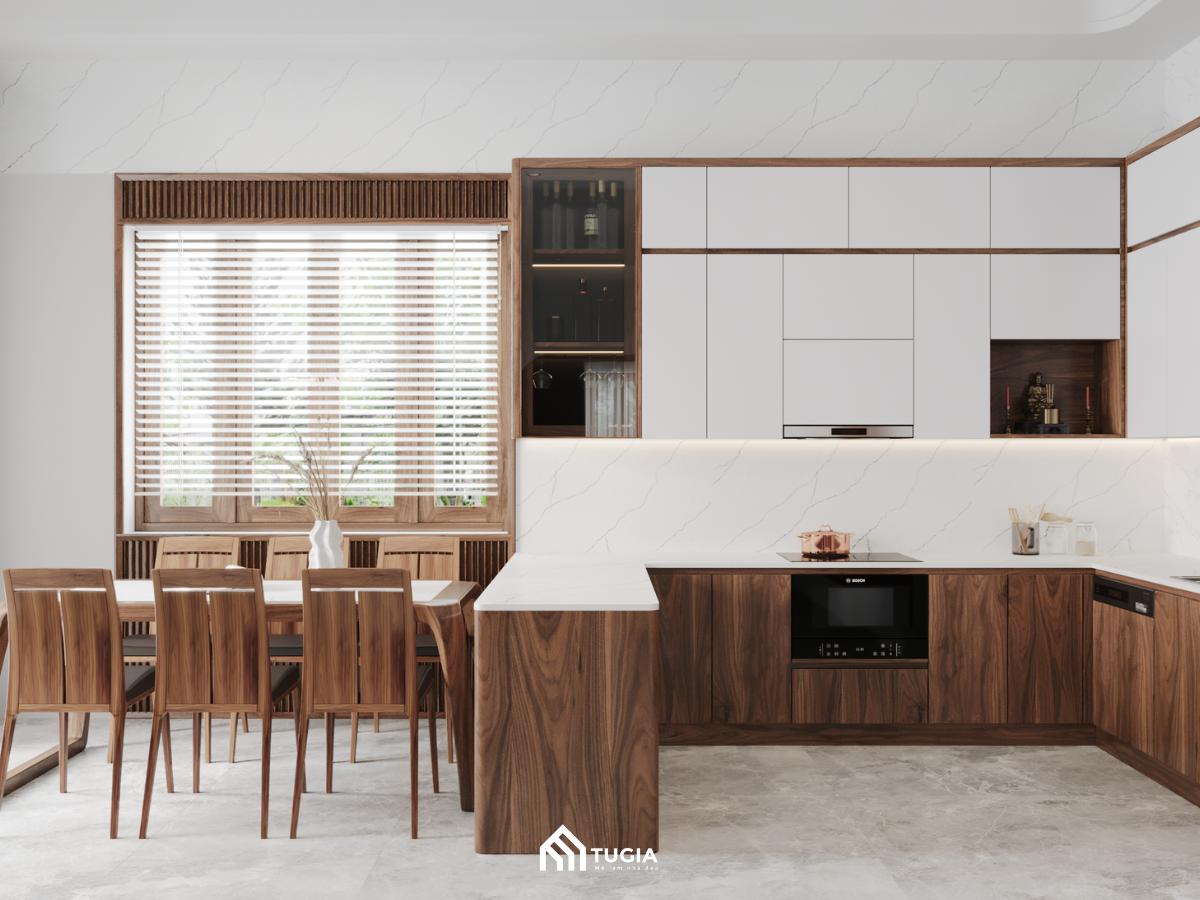 Bố trí phòng bếp cho nhà cấp 4 với tủ bếp chữ U cùng bộ bàn ghế ăn liền kề
