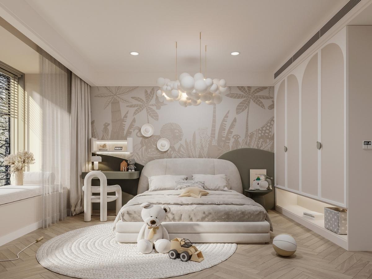 Sử dụng giáy dán tường họa tiết cây cỏ giúp mang cảm giác thiên nhiên thân thiện