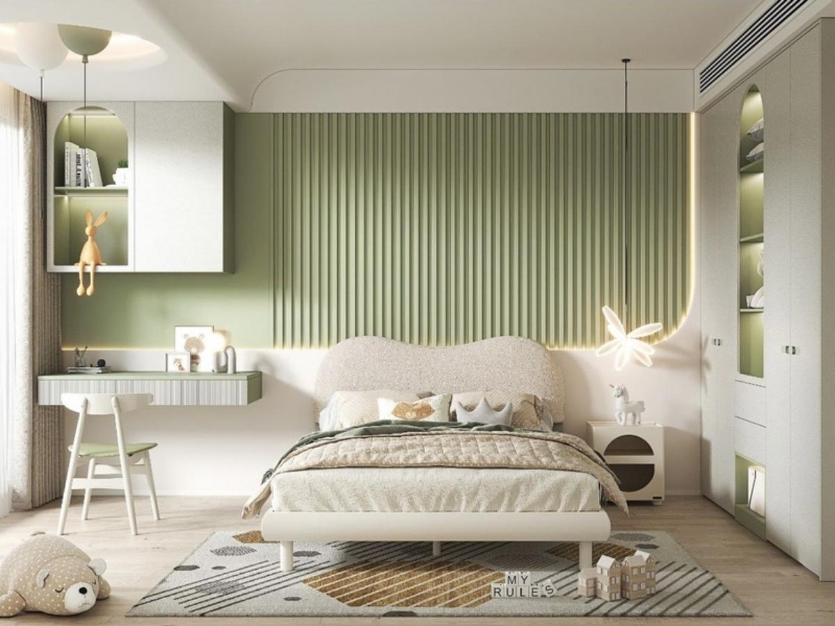 Mẫu thiết kế nội thất phòng ngủ cho bé theo chủ đề thiên nhiên với tông màu xanh lam nhẹ nhàng