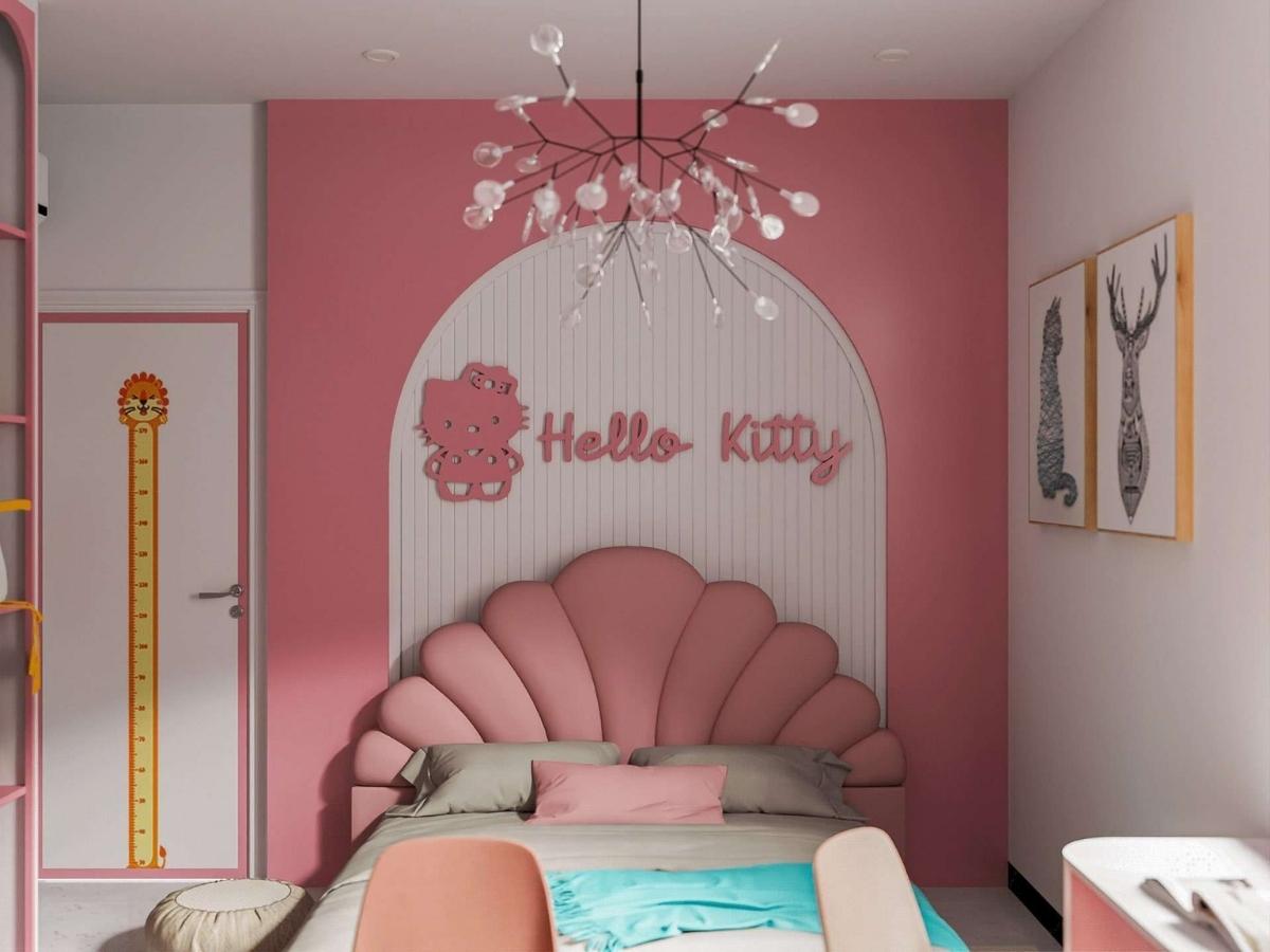 Mẫu phòng ngủ cho bé gái với hình ảnh Hello Kitty cùng tông màu hồng đậm