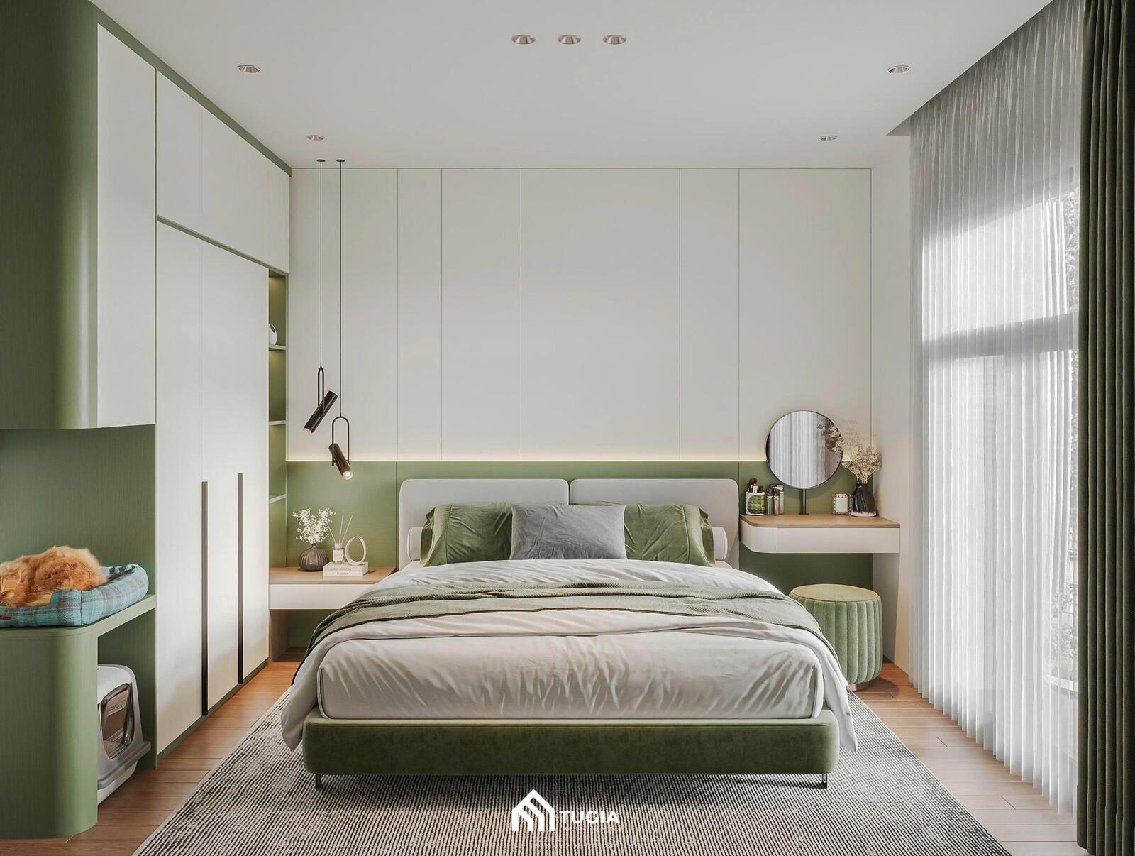 Phòng ngủ cho con được thiết kế với tone màu xanh lam pastel nhẹ nhàng