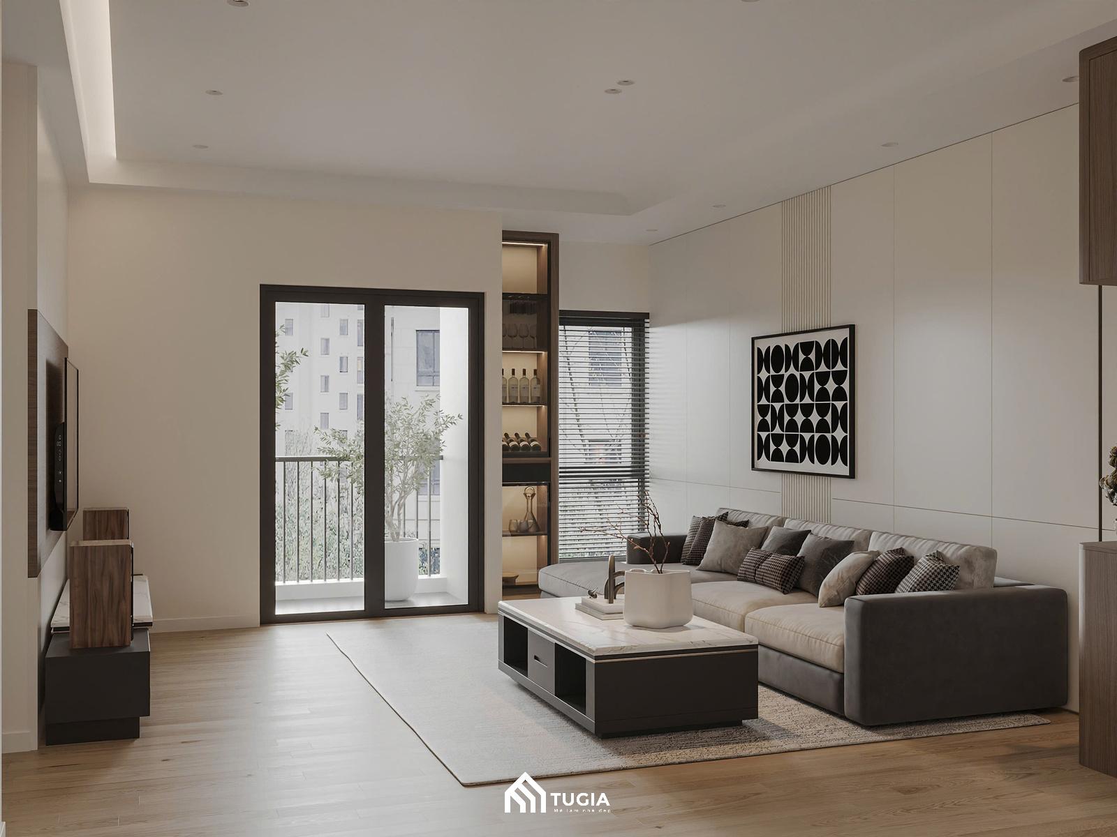 Ánh sáng tự nhiên từ ban công lớn mang lại sự thoáng đãng, giúp phòng khách luôn sáng và dễ chịu, phù hợp cho cả những buổi tiếp khách lẫn sinh hoạt gia đình hằng ngày