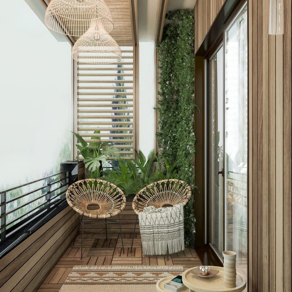 Mẫu thiết kế ban công chung cư đẹp phong cách Vintage với chất liệu gỗ tự nhiên