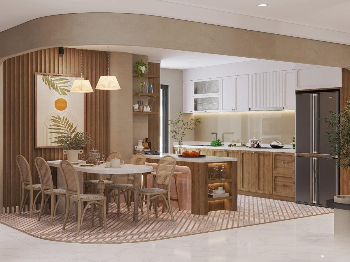 Căn bếp - ăn được bố trí liền kề được kết nối bởi bàn đảo bếp mang đậm chất Japandi