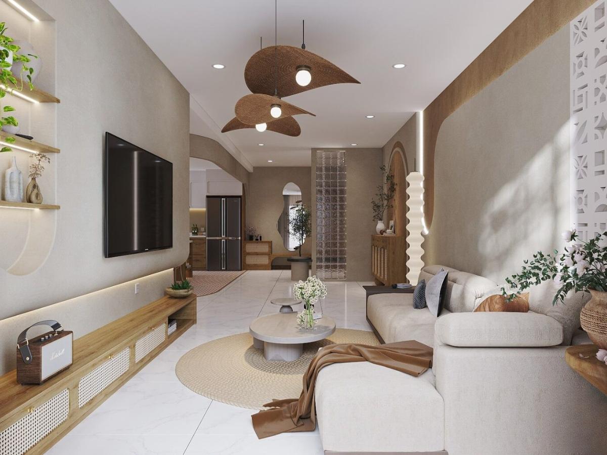 Mẫu thiết kế nội thất chung cư 100m2 phong cách Japandi mộc mạc 