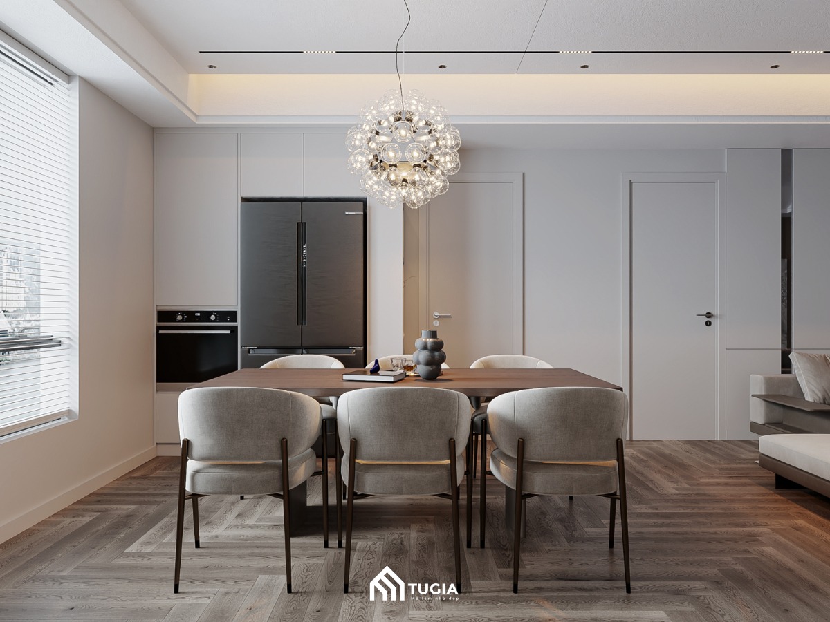 Không gian 100m2 rộng dãi với lối thiết kế phòng khách liền bếp mở thông thoáng