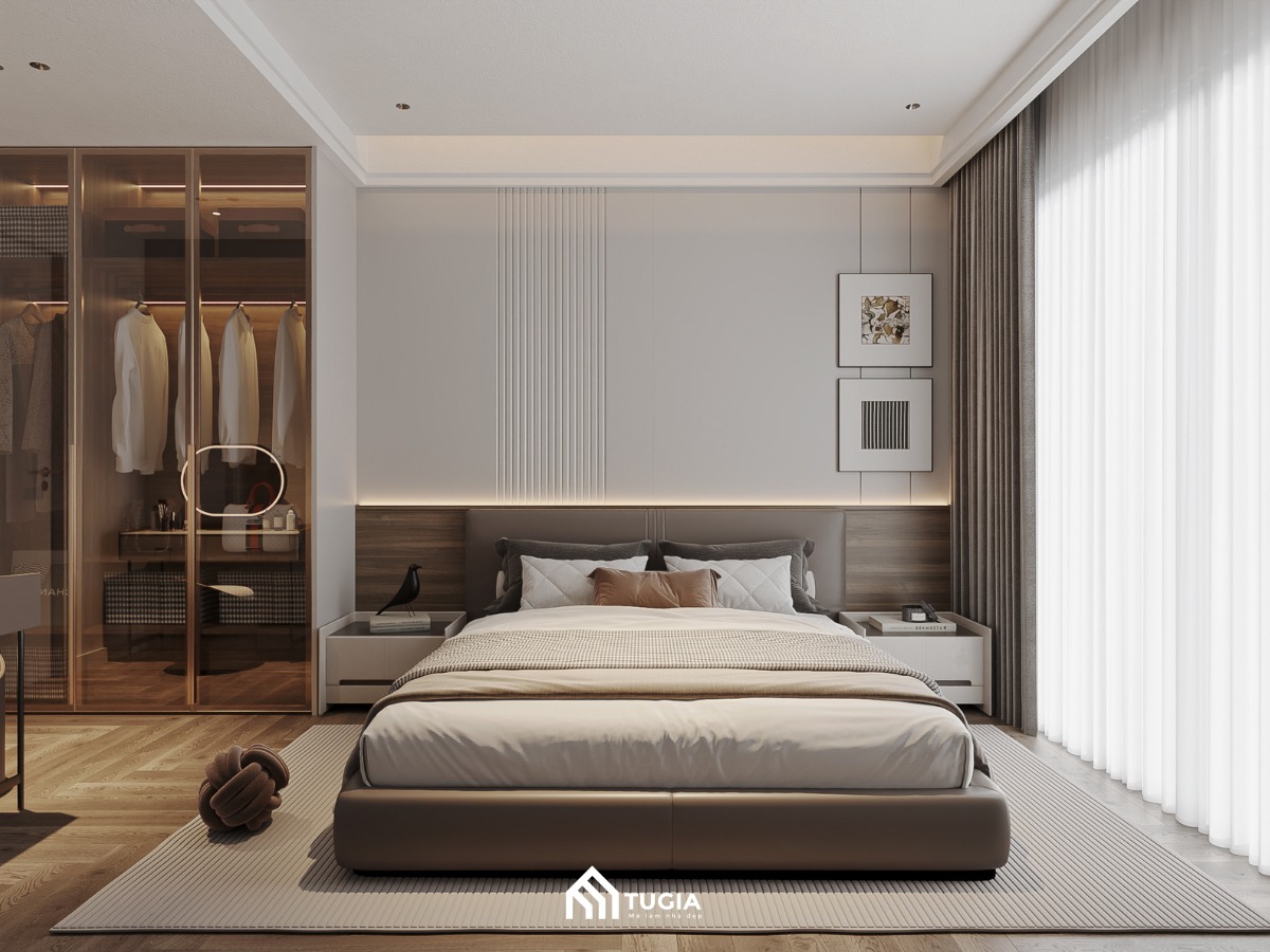 Thiết kế phòng ngủ master đẹp, ấm cúng với tủ quần áo cánh kính thanh lịch