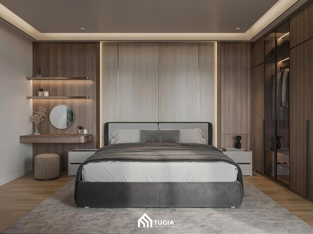 Thiết kế nội thất phòng ngủ nhà ống nhỏ đẹp tiện nghi với chất liệu gỗ công nghiệp tạo cảm giác gần gũi và ấm cúng