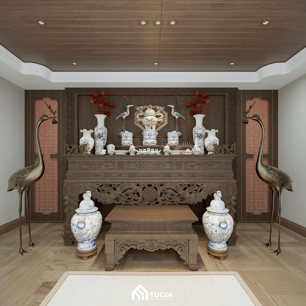 Phòng thờ truyền thống có đôi hạc trong biệt thự Indochine