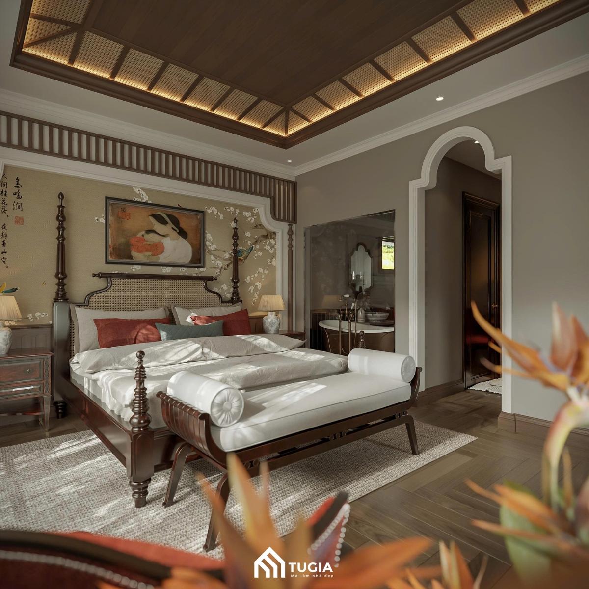 Phòng ngủ Indochine gỗ tự nhiên bảng màu ấm