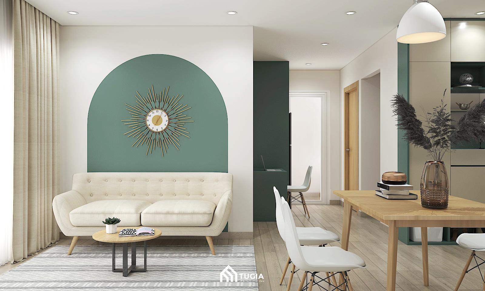 Bố cục trang trí tối giản kết hợp với nội thất sáng màu mang lại cảm giác nhẹ nhàng và gần gũi cho căn hộ 65m2