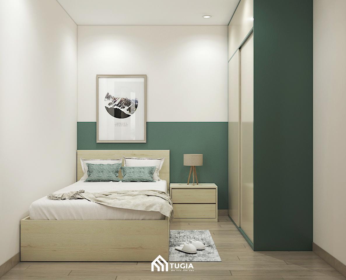 Phòng ngủ phụ trong căn hộ 65m2 được bố trí nội thất thông minh, tối giản nhưng đầy đủ tiện nghi