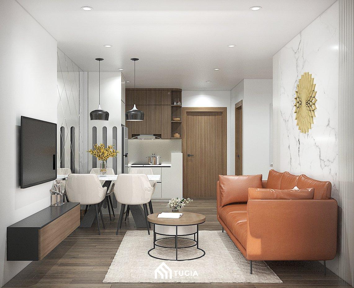 Thiết kế nội thất căn hộ 65m2 phong cách Luxury với phòng khách liền kề phòng bếp giúp không gian trông rộng rãi và thoải mái hơn
