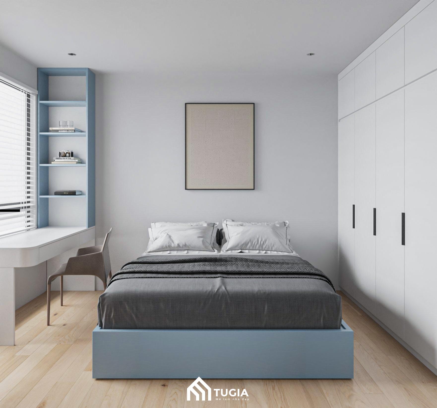 Phòng ngủ tối giản thoải mái với bảng màu đơn sắc thoáng đãng với cửa sổ lớn